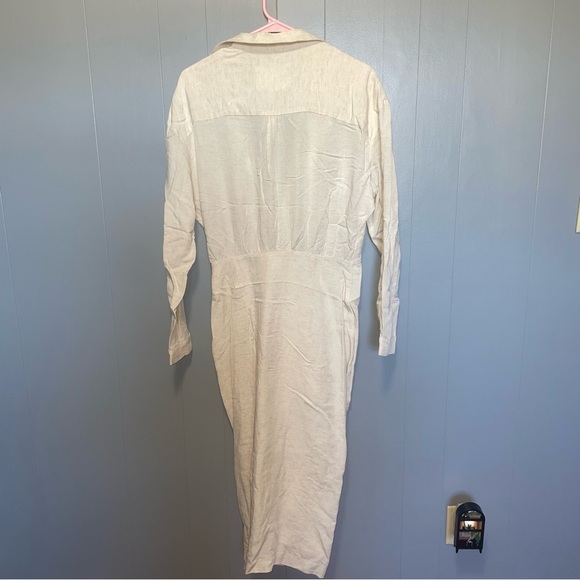 By Anthropologie NWT V-Neck Knot Front Linen Blend Ivory Midi Dress Size 10 - Picture 8 of 10